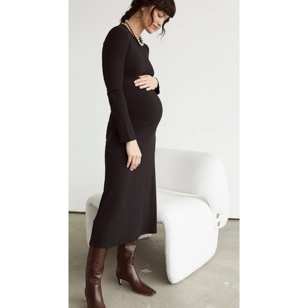 STORQ Night Out Maternity Midi Dress in Black Ribbed Stretch - Size 3 / Size M